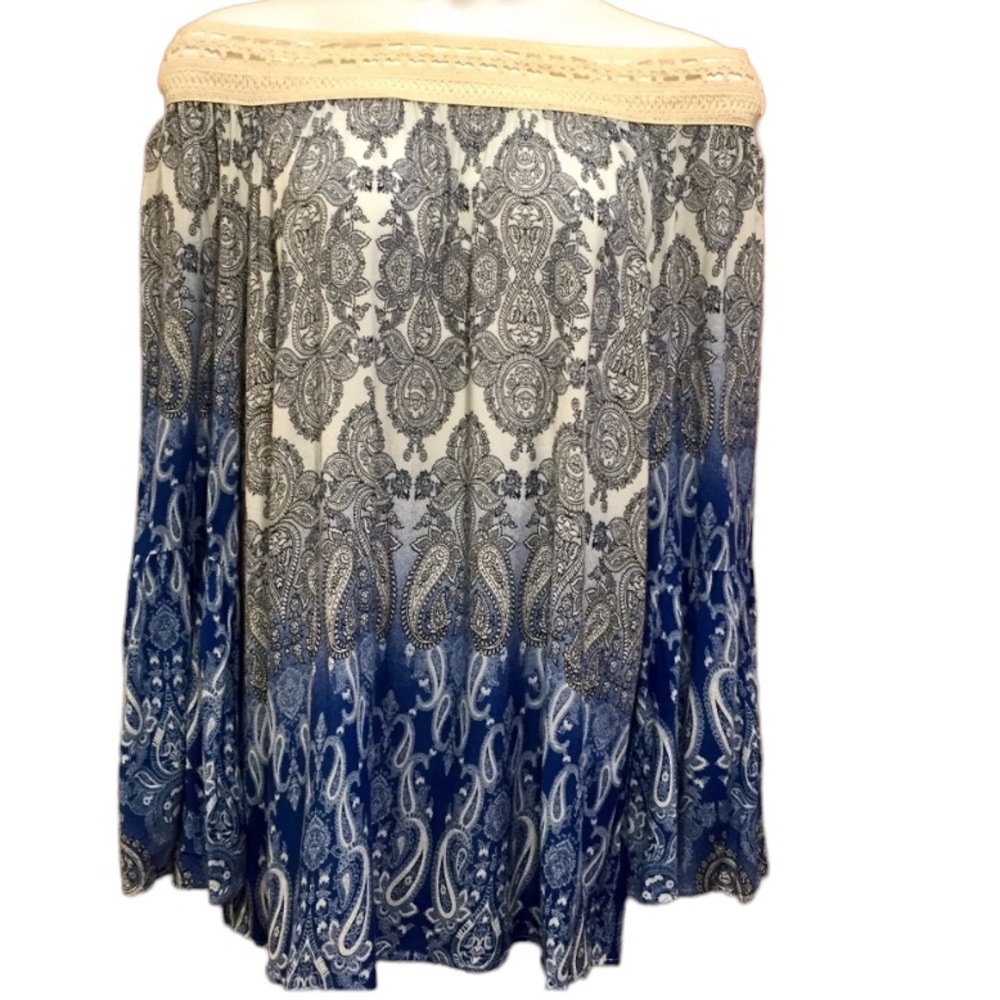 Perch 1X Off Shoulder Long Tulip Sleeve Blue Paisley Print Lace Tunic